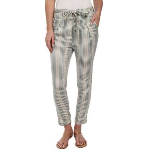 Free People size 6 cream stripe teal pants 100% cotton button fly ($128 retail) - Picture 1 of 6